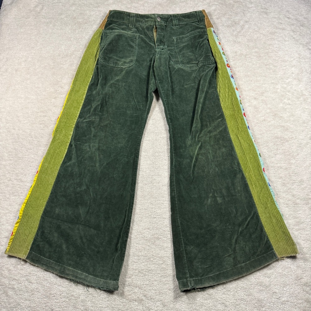 Seafarer Corduroy Bell Bottoms Womens 30 Green Vintage 70s Patchwork Embroidered